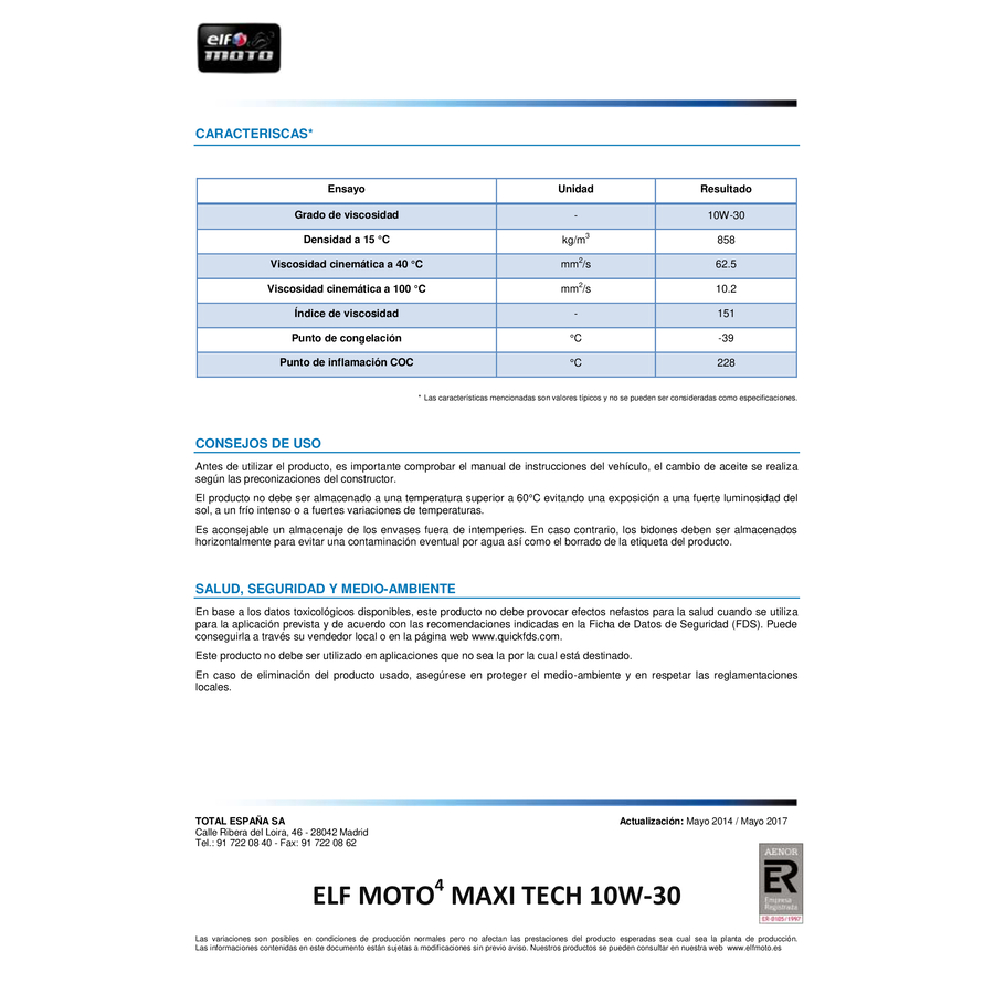 LUBRICANTES ELF ELF MOTO 4 MAXI TECH 10W30 SINTETICO 12B 1L C